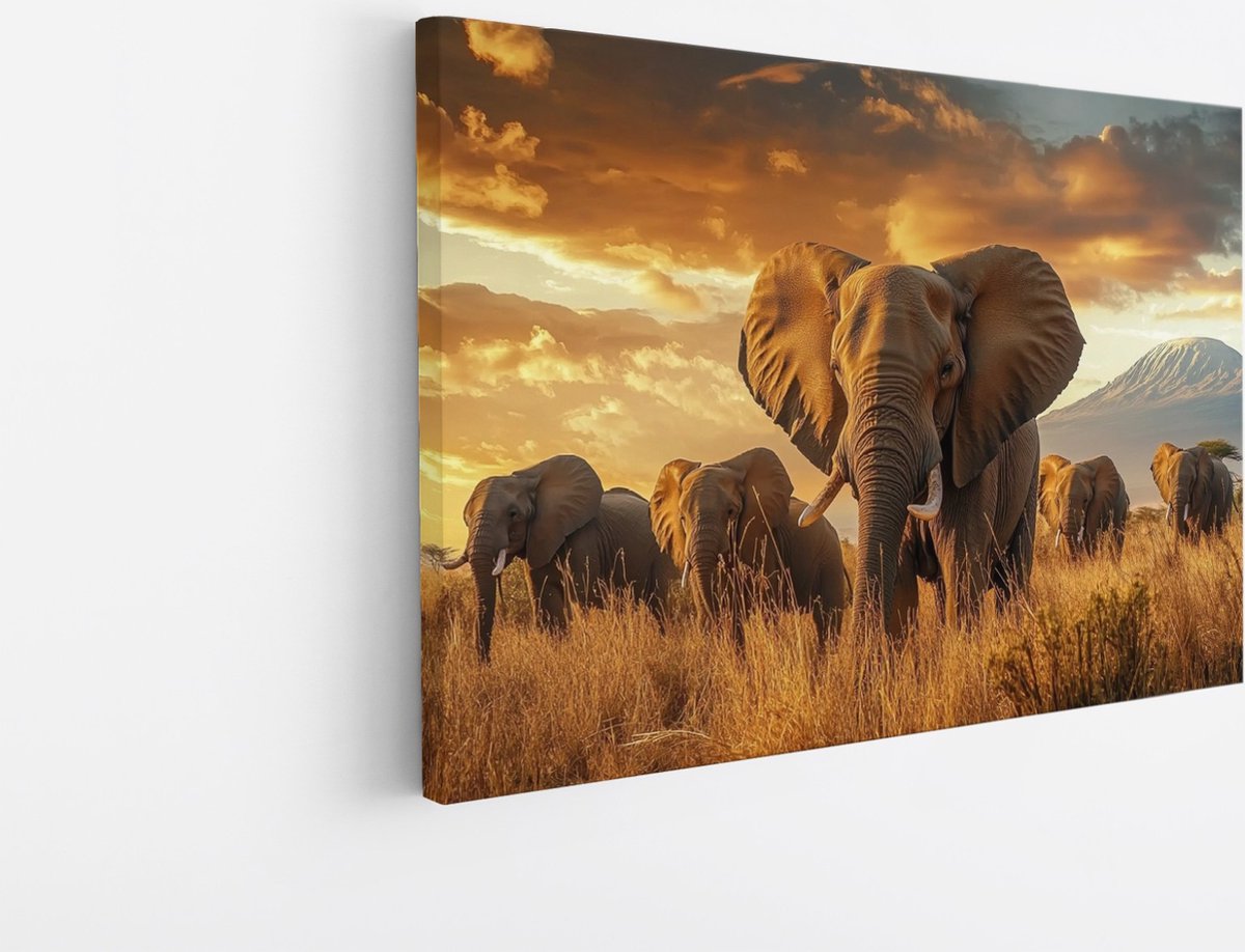 Saammp Canvas Schilderij - olifanten in de Savanne tijdens een trek - Dieren - 30x20 - Foto op canvas - Wanddecoratie - muurdecoratie Woonkamer - Slaapkamer decoratie - Canvas Print Multicolor