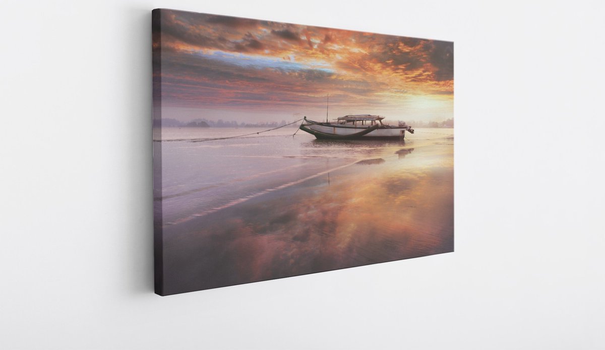 Saammp Canvas Schilderij - Boot in zonsondergang - Abstract - 90x60 - Foto op canvas - Wanddecoratie - Muurdecoratie Woonkamer - Slaapkamer decoratie - Canvas Print Multicolor