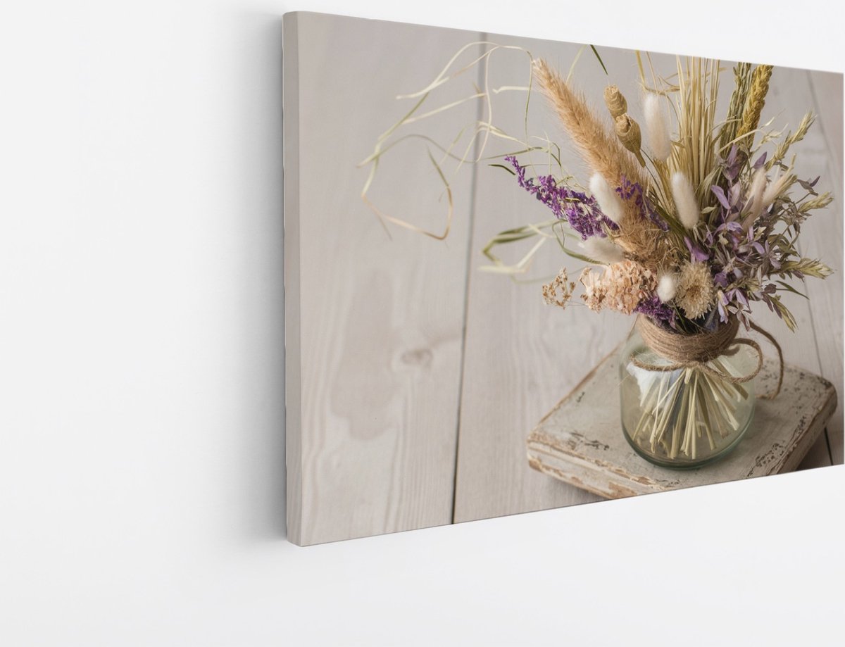 Saammp Canvas Schilderij - Gekleurde bloemen in glazen vaas - Natuur - 60x40 - Foto op canvas - Wanddecoratie - Muurdecoratie Woonkamer - Kantoor Decoratie Multicolor