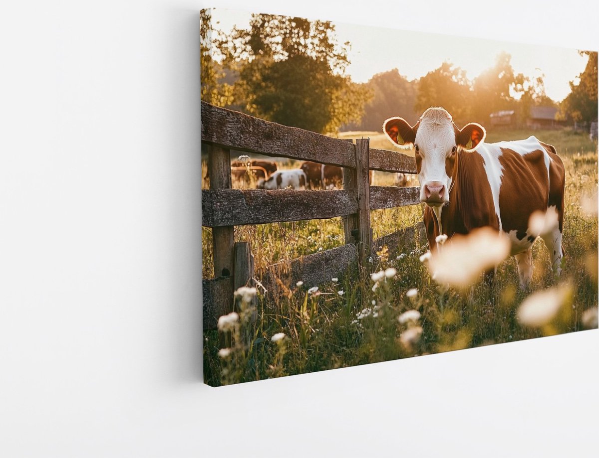 Saammp Canvas Schilderij - Koe in de wei in de zonsondergang - Natuur - Dieren - 150x100 - Foto op canvas - Wanddecoratie - Muurdecoratie Woonkamer - Slaapkamer decoratie - Canvas Print Multicolor
