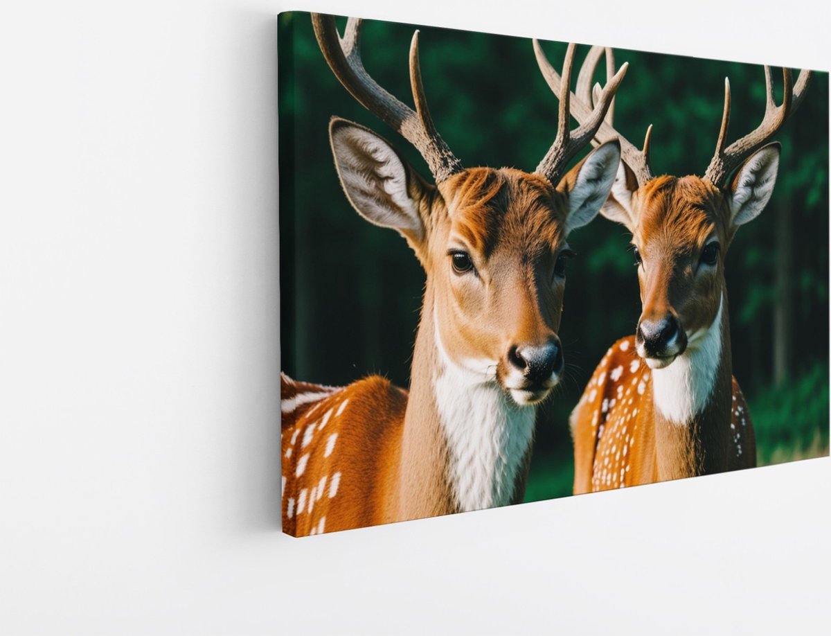 Saammp Canvas Schilderij -2 Herten - Portret - Natuur - Dieren - 70x50 - Foto op canvas - Wanddecoratie - Muurdecoratie Woonkamer - Slaapkamer decoratie - Canvas Print Multicolor