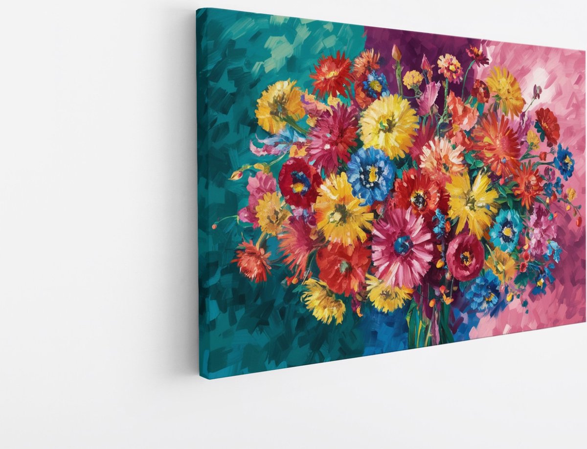 Saammp Canvas Schilderij - Kleurrijk Bloemenboeket - Natuur - Abstract - 45x30 - Foto op canvas - Wanddecoratie - Muurdecoratie Woonkamer - Kantoor Decoratie Multicolor