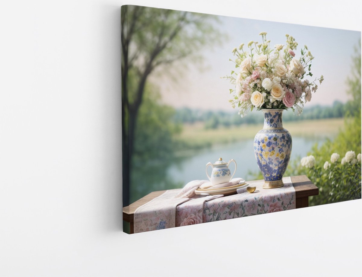 Saammp Canvas Schilderij - Bloemen in Blauwe vaas - Abstract - 45x30 - Foto op canvas - Wanddecoratie - Muurdecoratie Woonkamer - Kantoor Decoratie Multicolor