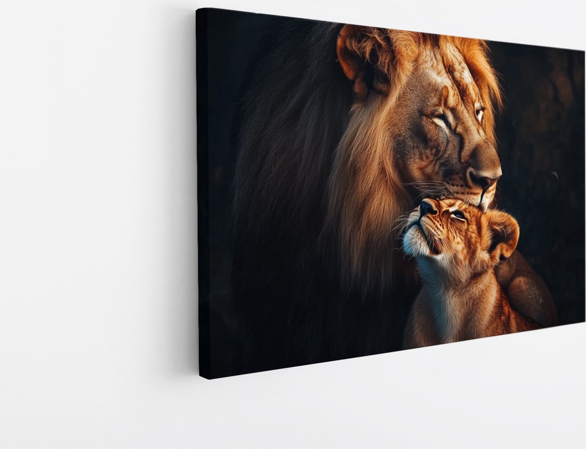 Saammp Canvas Schilderij - Leeuw en welp zijn liefdevol - Dieren - Natuur - 90x60 - Foto op canvas - Wanddecoratie - Muurdecoratie Woonkamer - Slaapkamer decoratie - Canvas Print Multicolor