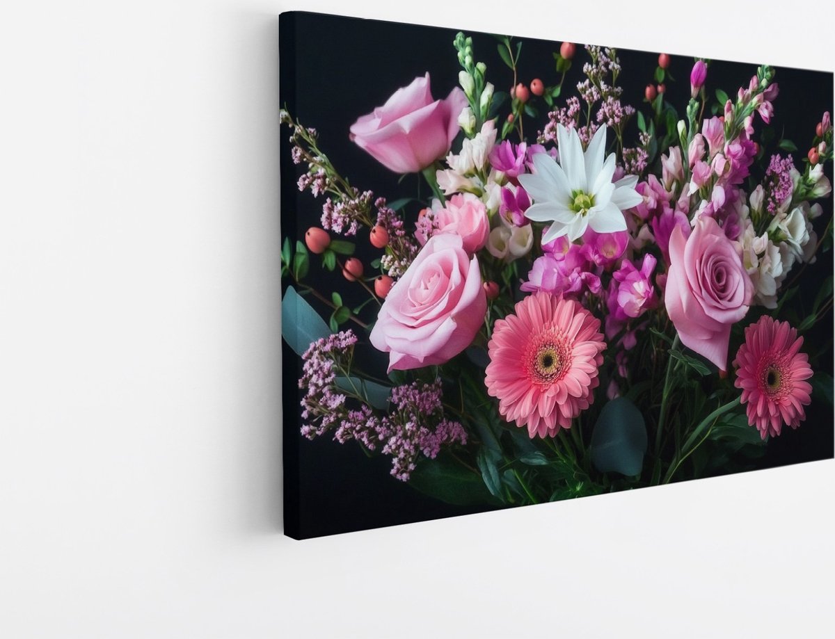 Saammp Canvas Schilderij - roze bloemen boeket - Natuur - Abstract - 50x40 - Foto op canvas - Wanddecoratie - Muurdecoratie Woonkamer - Woonkamer Decoratie Multicolor