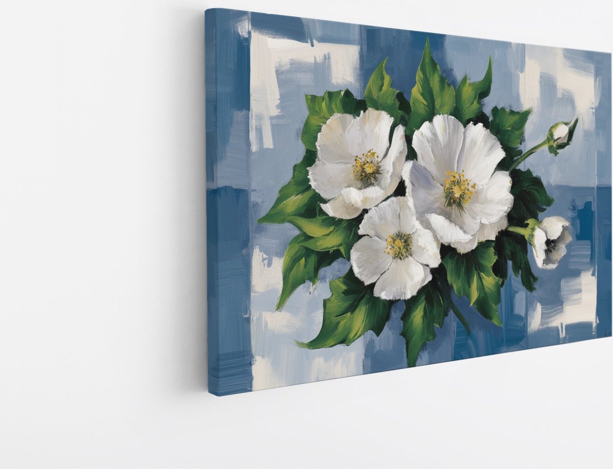 Saammp Canvas Schilderij - Abstracte witte bloemen - 50x40 - Foto op canvas - Wanddecoratie - Muurdecoratie Woonkamer - Kantoor Decoratie Multicolor