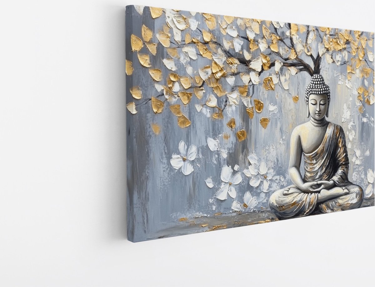 Saammp Canvas Schilderij - Boeddha met boom en goude bloemen - 120x80 - Foto op canvas - Wanddecoratie - Muurdecoratie Woonkamer - Canvas schilderijen Multicolor