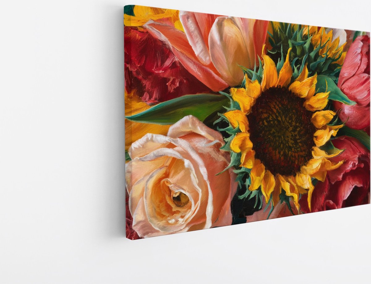 Saammp Canvas Schilderij - Kleurrijk Bloemenboeket - Natuur - Botanisch - 120x80 - Foto op canvas - Wanddecoratie - Muurdecoratie Woonkamer - Kantoor Decoratie Multicolor