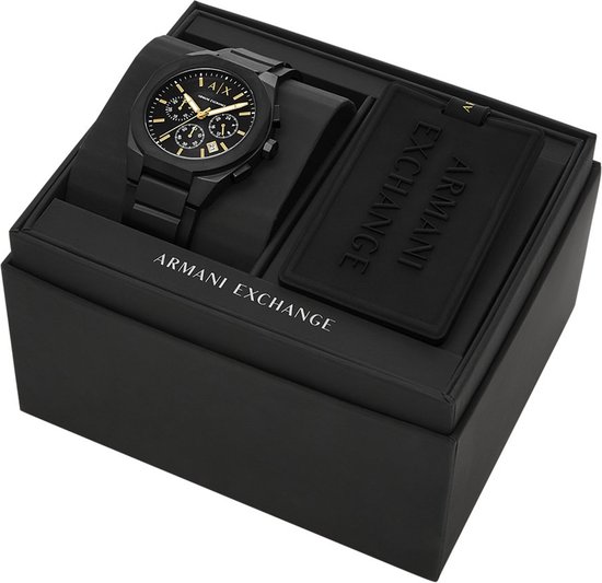 Zwarte Armani Exchange horlogeset in geschenkverpakking met horloge en label.
