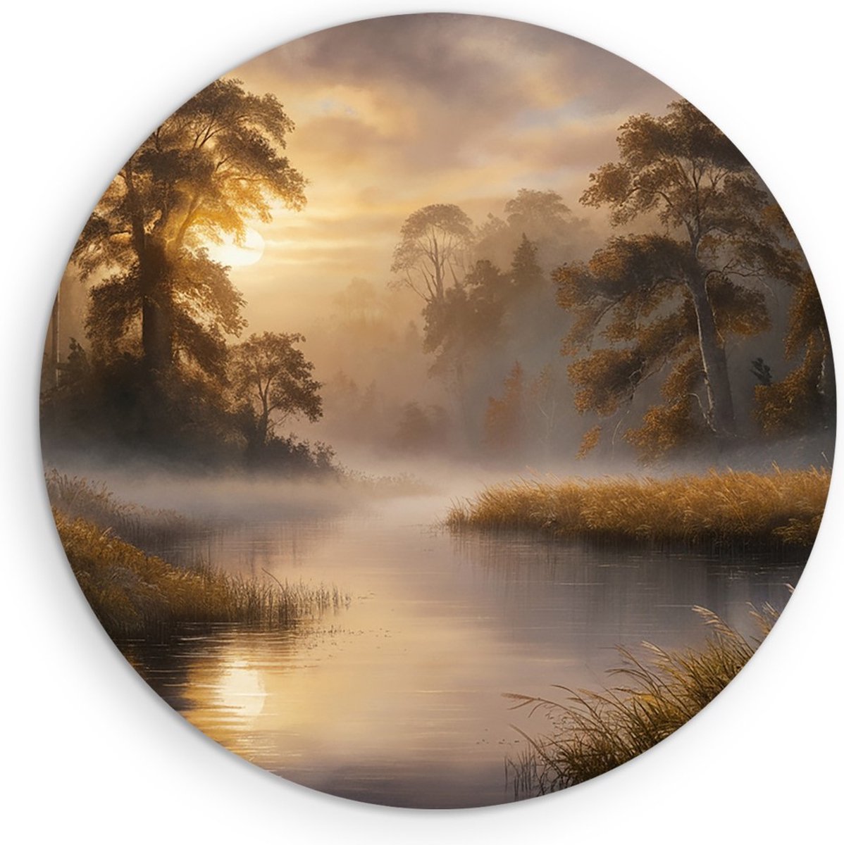 Saammp Muurcirkel Hout - Zonnig landschap - Abstract - Natuur - Ø 50 - Wandcirkel - Wanddecoratie Cirkel - Muurdecoratie Woonkamer - Slaapkamer decoratie - Rond Schilderij