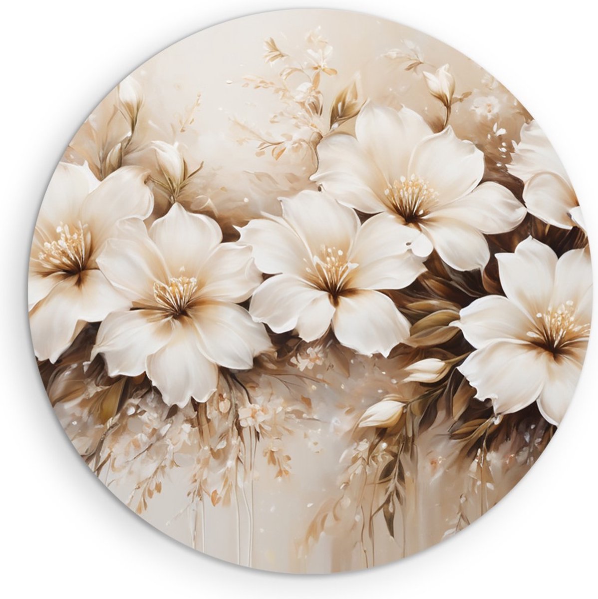 Saammp Forex Muurcirkel - Witte Bloemen - Beige - Abstract - Ø 60 - Wandcirkel - Wanddecoratie Cirkel - Muurdecoratie Woonkamer - Kantoor Decoratie