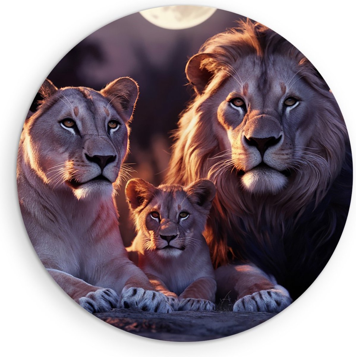 Saammp Forex Muurcirkel - Leeuwen Familie - Natuur - Dieren - Ø 50 - Wandcirkel - Wanddecoratie Cirkel - Muurdecoratie Woonkamer - Slaapkamer decoratie - Rond Schilderij