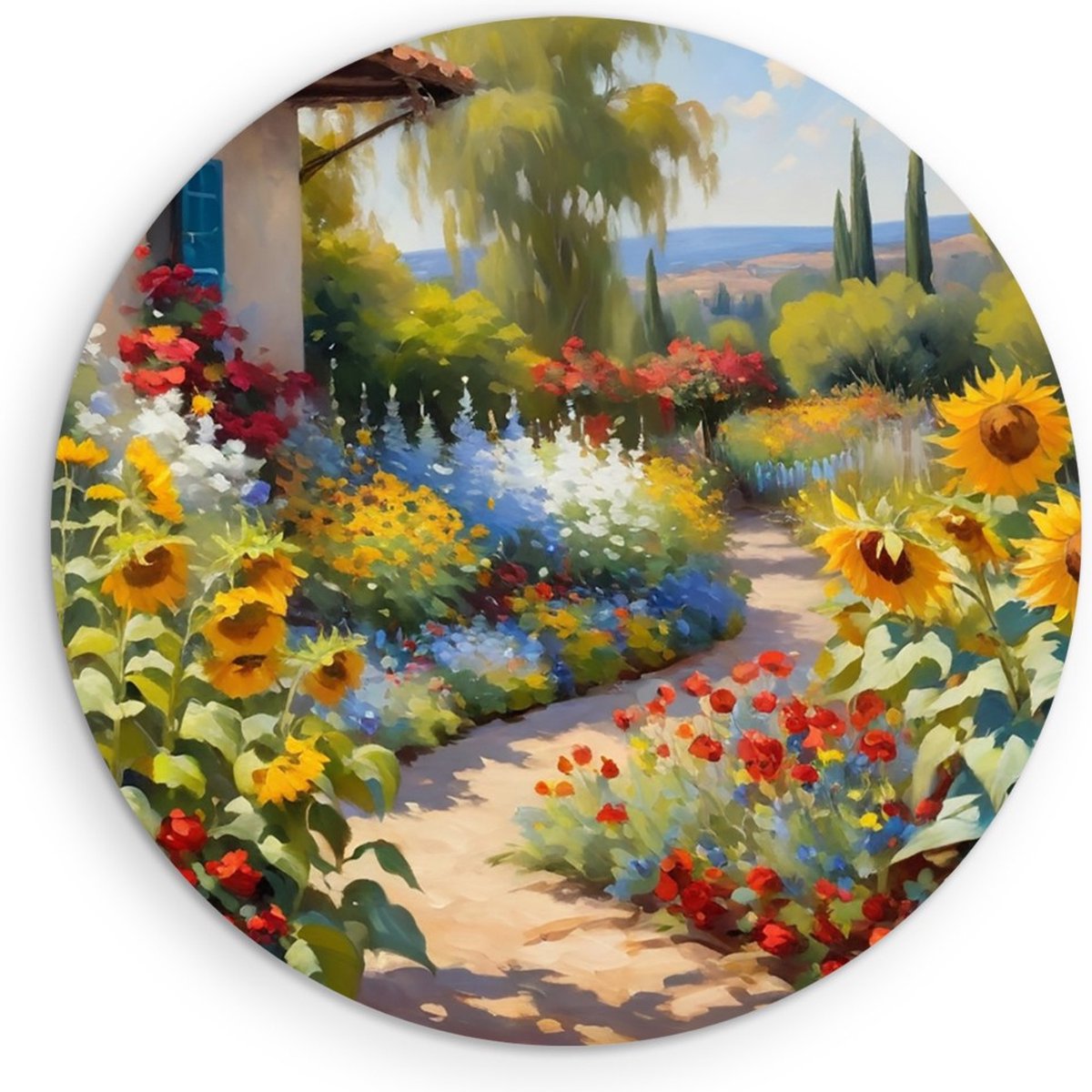 Saammp Muurcirkel Hout - Bloementuin - Kleurrijk - Natuur - Ø 60 - Wandcirkel - Wanddecoratie Cirkel - Muurdecoratie Woonkamer - Slaapkamer decoratie - Rond Schilderij
