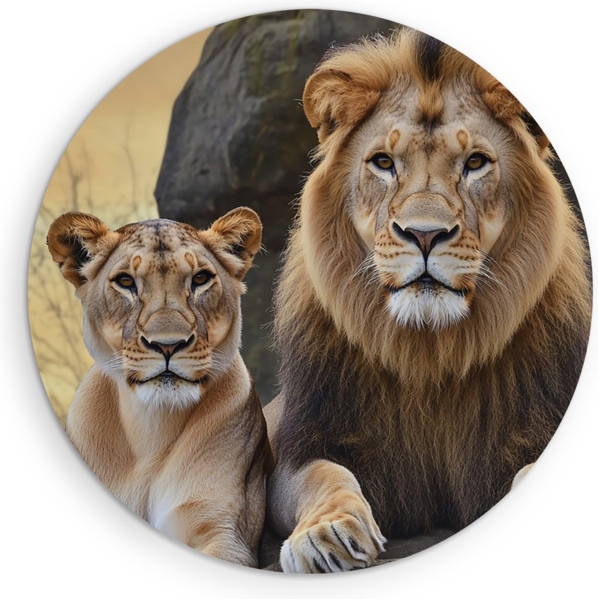 Saammp Muurcirkel Hout - Leeuw en Leeuwin op grote steen - Dieren - Natuur - Ø 30 - Wandcirkel - Wanddecoratie Cirkel - Muurdecoratie Woonkamer - Slaapkamer decoratie - Rond Schilderij