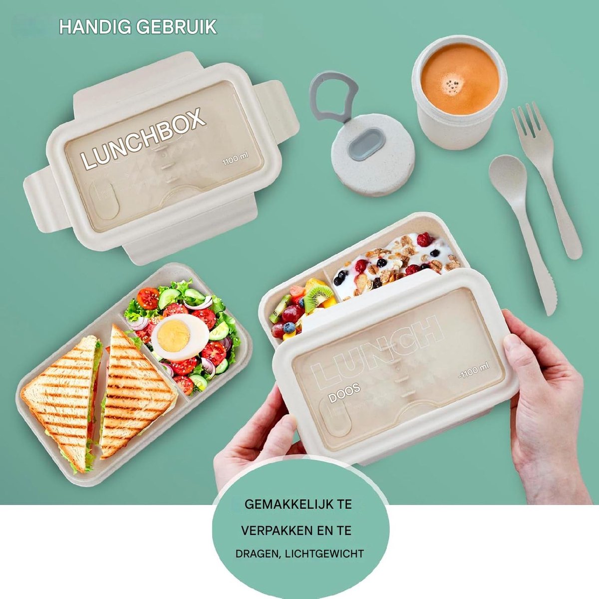 2 stuks - Bento Box Met Bestek - 1100ml - Inclusief Geïsoleerde Tas - BPA-vrij - Lekvrije Lunchbox - Herbruikbare Voedselcontainer - Compact en Lichtgewicht — cadeau in Koken & Dineren - foto 3