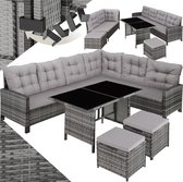 tectake® - wicker loungeset, tuinmeubelset met bank, kruk + tafel, balkonmeubel buiten, 5-delige zitgroep, inclusief zit- en rugkussens, ideaal voor tuin, terras, balkon - grijs - poly-rattan