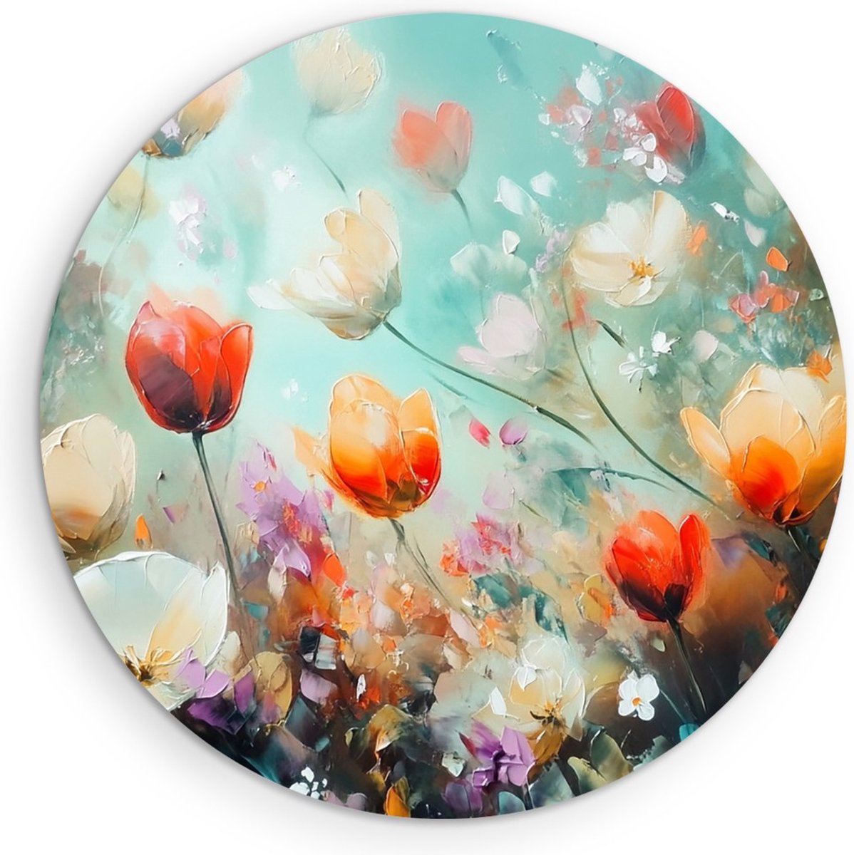 Saammp Muurcirkel Hout - Blauw - Bloemenveld Schilderij - Abstract - Natuur - Ø 80 - Wandcirkel - Wanddecoratie Cirkel - Modern Interieur - Woonkamer Decoratie