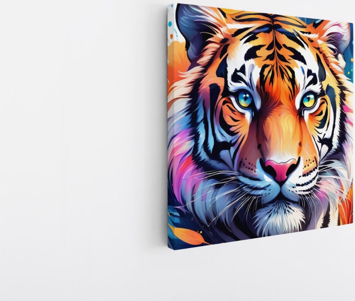 Saammp Canvas Schilderij - Tijger - Verfspetters - Dieren - Abstract - 100x100 - Foto op canvas - Wanddecoratie - muurdecoratie Woonkamer - Slaapkamer decoratie - Canvas Print Multicolor