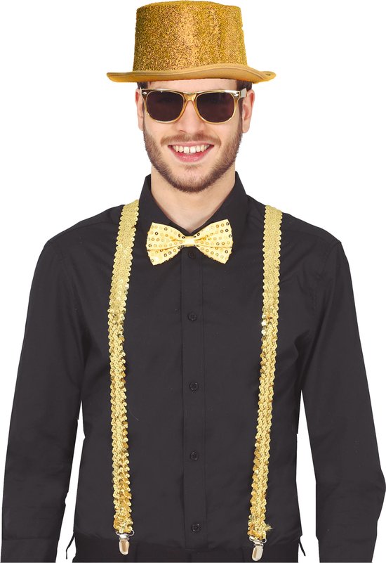 Carnaval verkleed set - goud - hoed/bretels/party bril/strik- volwassenen/unisex - feestkleding
