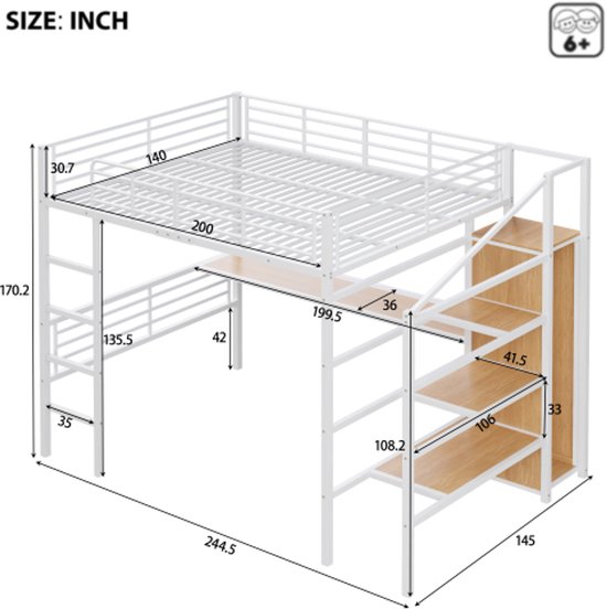 Hoogslaper 140 x 200 cm, metaal met bureau, led-verlichting, planken en ladder, zonder matras (203 x 144,5 x 174 cm