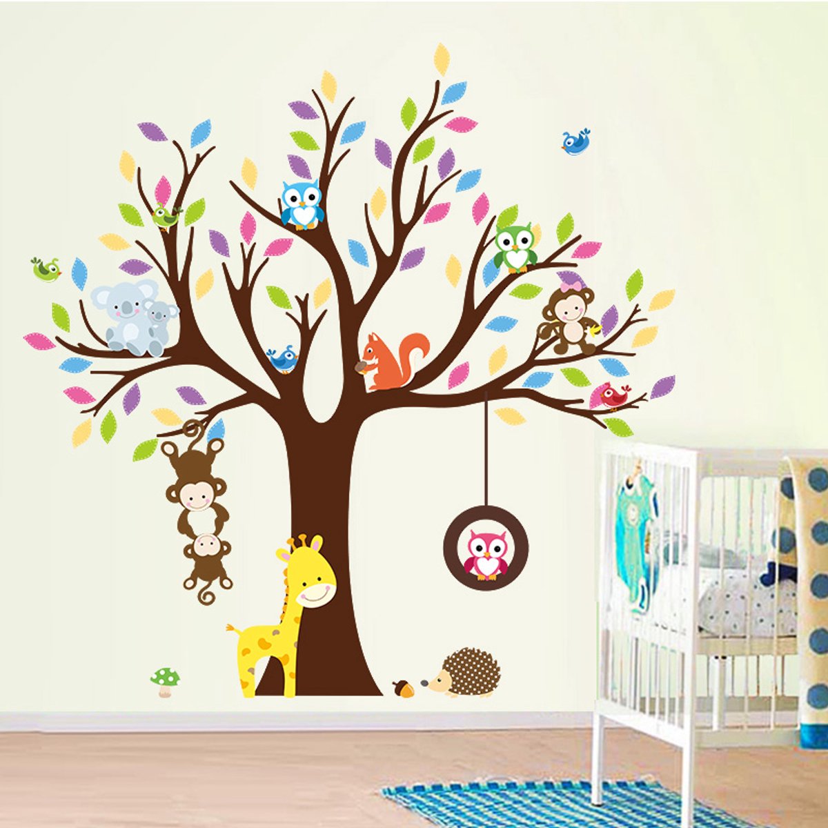 Ambiance Sticker Gigantische boom muurstickers met apen, uil en giraffe decoratie. Multi color