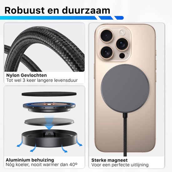 Gedetailleerd ontwerp van een magnetische draadloze oplader met aluminium behuizing.