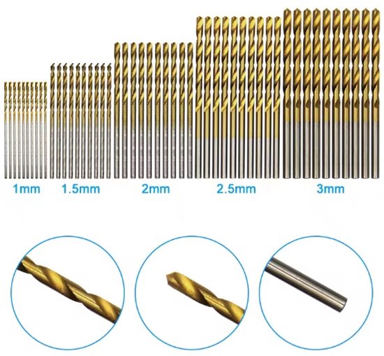 Ensemble de 50 forets hélicoïdaux plaqués titane, petits forets de 1 à 3 mm, pour le DIY , le travail du bois, le perçage et l'ouverture.