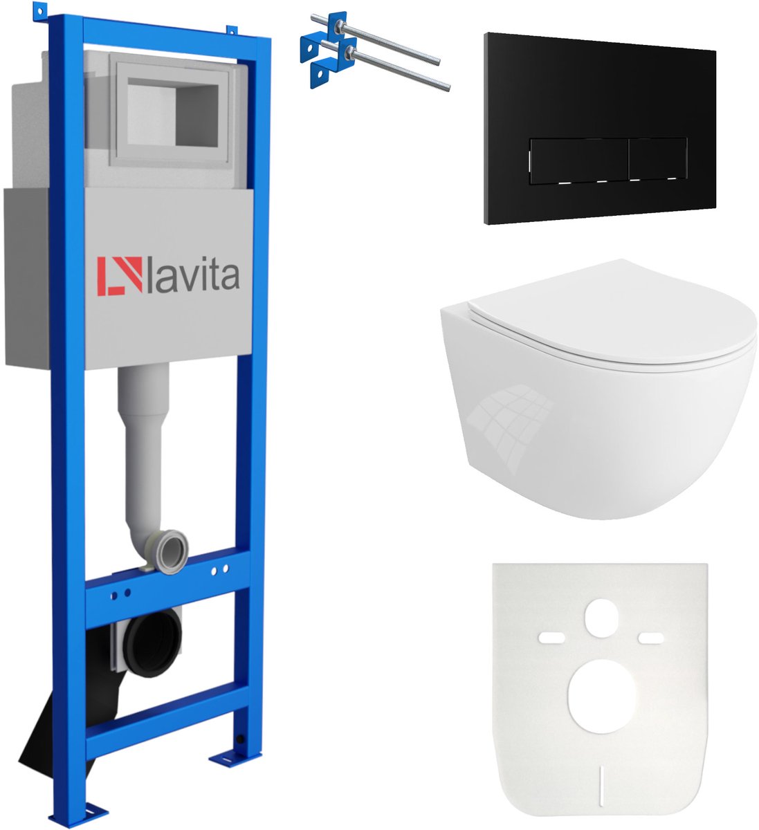 LAVITA® Inbouwreservoir Complete Toiletset LAV 101 - Inbouw WC Hangtoilet Wandcloset SINTO Wit Hoogglans - Bedieningsplaat 200.3.4 Zwart - Voorwandelement voor toilet 40cm - Installatiesysteem