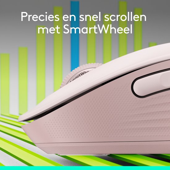 Close-up van roze Logitech muis met SmartWheel scrollwiel. Tekst: 'Precies en snel scrollen met SmartWheel'.