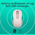 Roze Logitech muis met tekst 'Verbind via Bluetooth of Logi Bolt USB-ontvanger'.