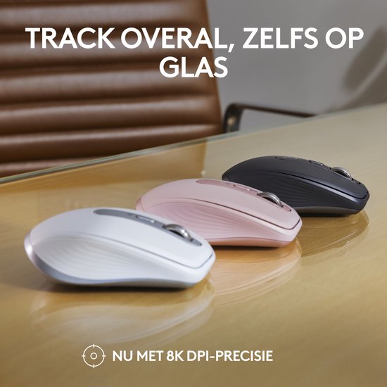 Drie Logitech muizen in wit, roze en grafiet op een tafel. "TRACK OVERAL, ZELFS OP GLAS NÚ MET 8K DPI-PRECISIE"