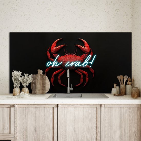 Crédence de Cuisinière en Aluminium 120x60 cm - Crabe - Rouge - Néon - Citation - Écran Pare-éclaboussures pour Plaque de Cuisson - Protection Murale