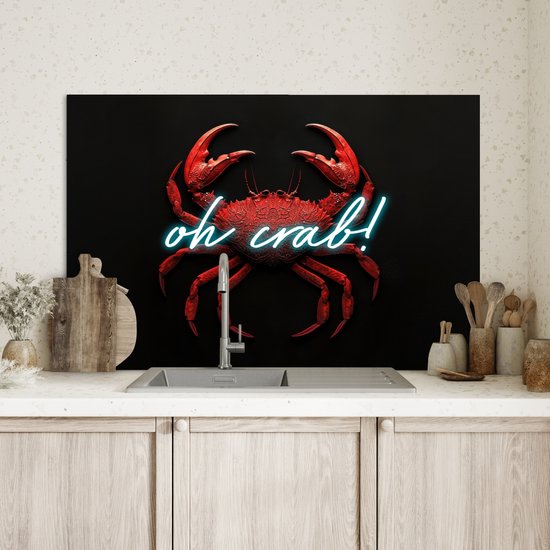 Crédence de Cuisinière en Aluminium 80x55 cm - Crabe - Rouge - Néon - Citation - Écran Pare-éclaboussures pour Plaque de Cuisson - Protection Murale