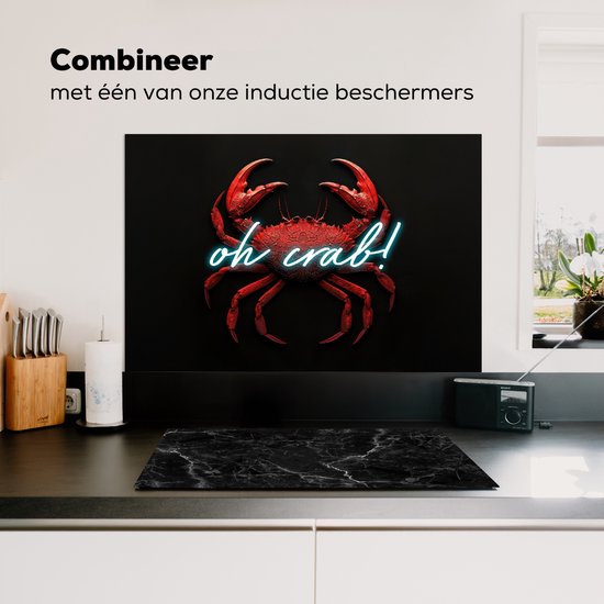Crédence de Cuisinière en Aluminium 80x55 cm - Crabe - Rouge - Néon - Citation - Écran Pare-éclaboussures pour Plaque de Cuisson - Protection Murale