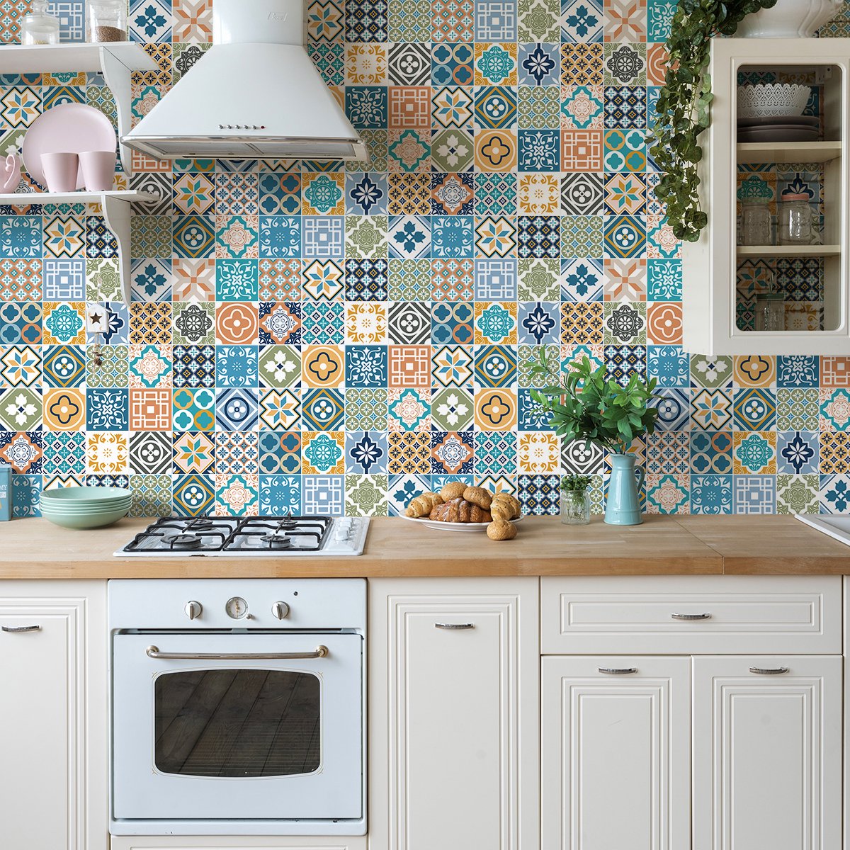 Ambiance Sticker Zelfklevende muurstickers voor tegels in keuken en badkamer - 60 PIANICIO cementtegelstickers - 60 stickers 10x10cm Multi color