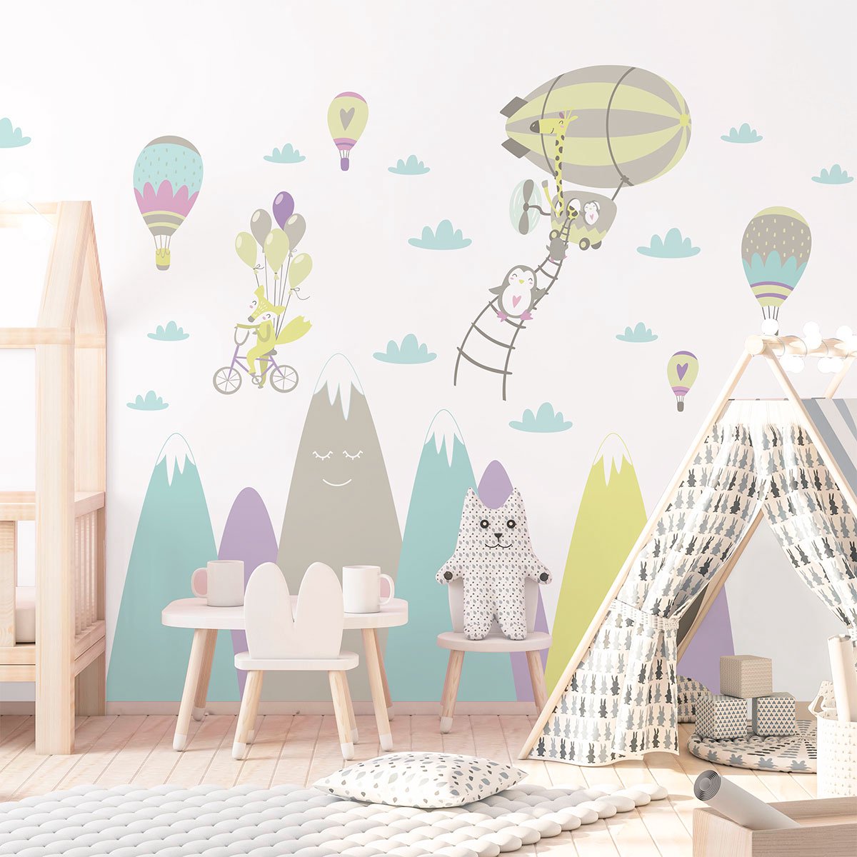 Ambiance Sticker Stickers met Scandinavische bergen en fantasiedieren, 100 x 150 cm Multi color