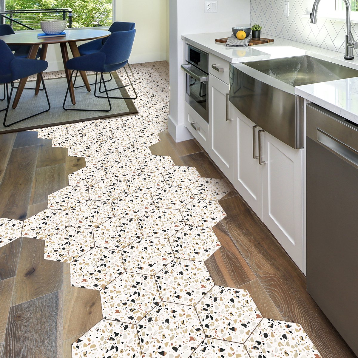 Antislip vloerstickers met beschermlaag - CARLO TERRAZZO TEGELS - 60x135cm - 10 zeshoekige stickers 30x26cm