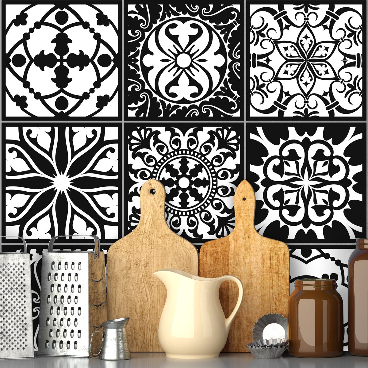 Ambiance Sticker Zelfklevende tegelmuurstickers voor keuken en badkamer - 9 barokke Azulejo tegelstickers in zwart-witte tinten - 9 stickers van 10x10 cm Multi color
