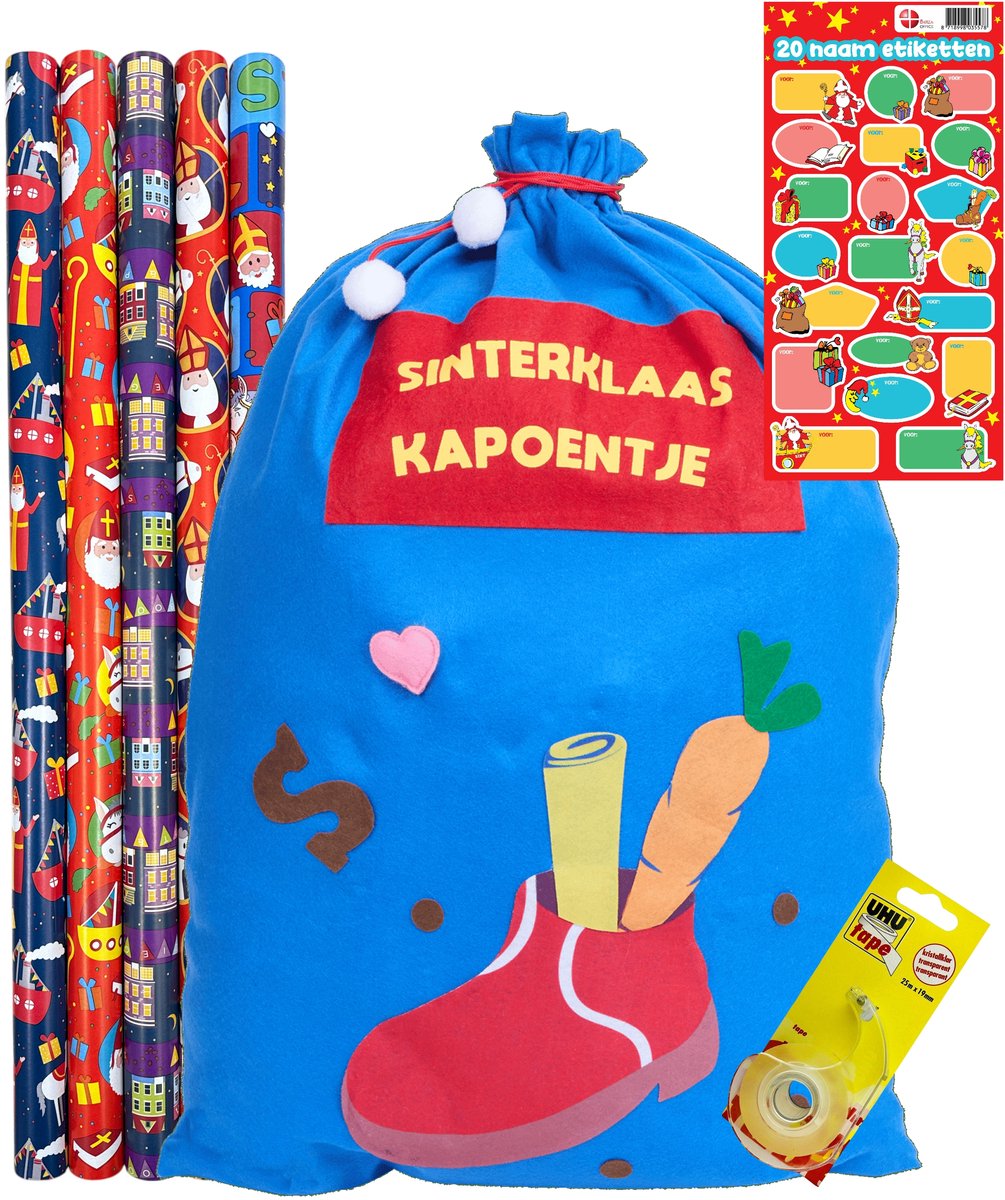 Sinterklaas Cadeaupapier - inpak pakket 5 x Rollen Sint - 1 x Zak van Sinterklaas - 20 x Naam Stickers - 25 Meter Plakband incl. houder