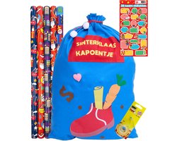 Sinterklaas Cadeaupapier - inpak pakket 5 x Rollen Sint - 1 x Zak van Sinterklaas - 20 x Naam Stickers - 25 Meter Plakband incl. houder