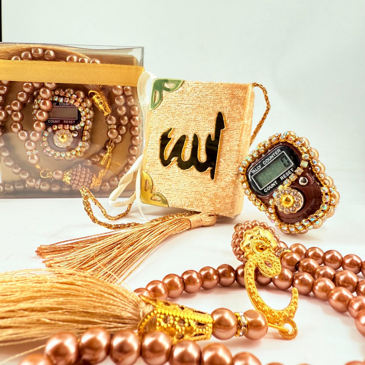 6 x 3-Delige Islamitisch Cadeauset (Tasbeeh, Mini Quran, Zikirmatik) - Ramadan & Eid Geschenk - Cappuccinokleur