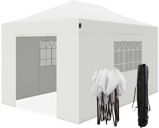 LifeGoods Partytent - Paviljoen - 3x4.5 m - Zijwanden - Easy Up - Opvouwbaar - Waterdicht - Draagtas met Wieltjes - Wit