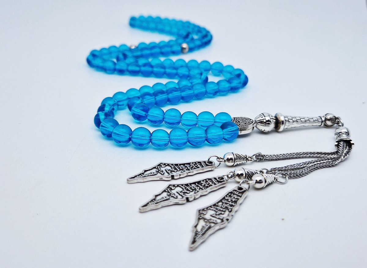 Handgemaakte tesbih "Tasbih" natuursteen " Blauwe kwarts " - Aantal kralen 99 - Diameter kralen 8MM - met metaal tassel "Palestina" - Een mooi cadeau-idee