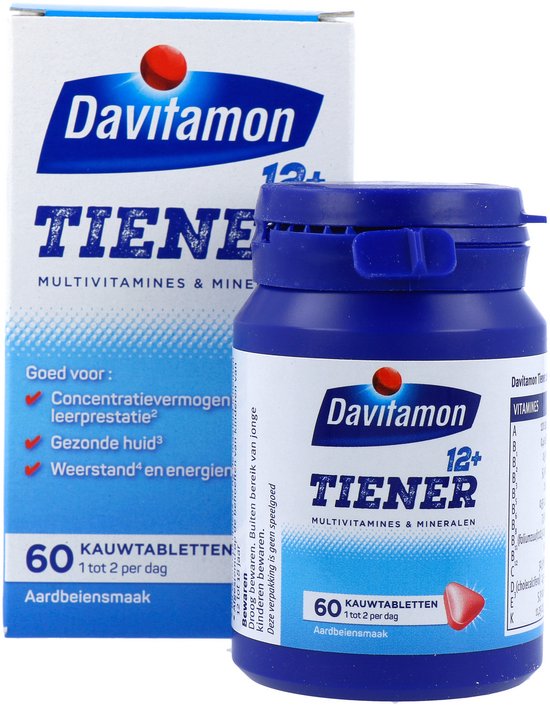Flesje Davitamon Tiener 12+ met 60 kauwtabletten en bijbehorende verpakking.