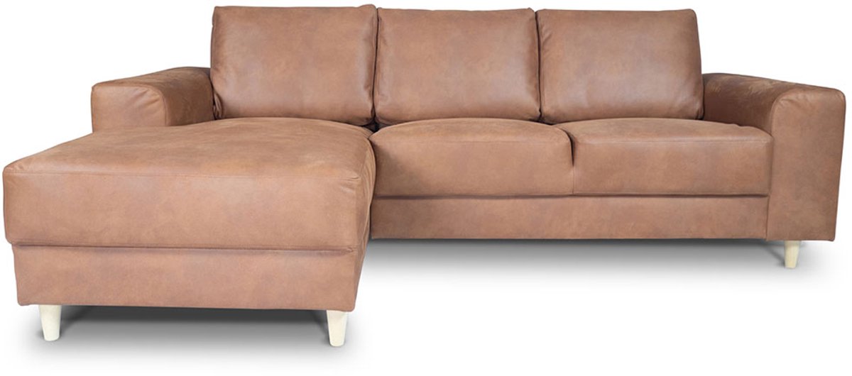 Nordic bank met chaise longue links gericht cognackleurig leer.