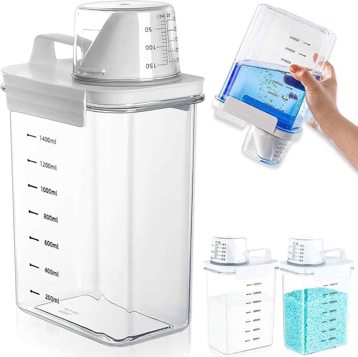 Luchtdichte Wasmiddeldispenser met Maatbeker - Transparante Wasmiddelopslag 1800 ml