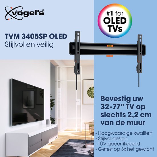 Een Vogel's tv-beugel hangt naast een slanke OLED-tv.