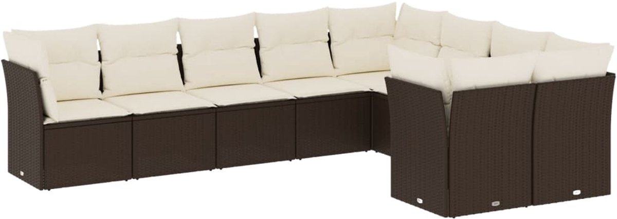 Bruine poly rattan loungeset met kussens voor tuindecoratie.
