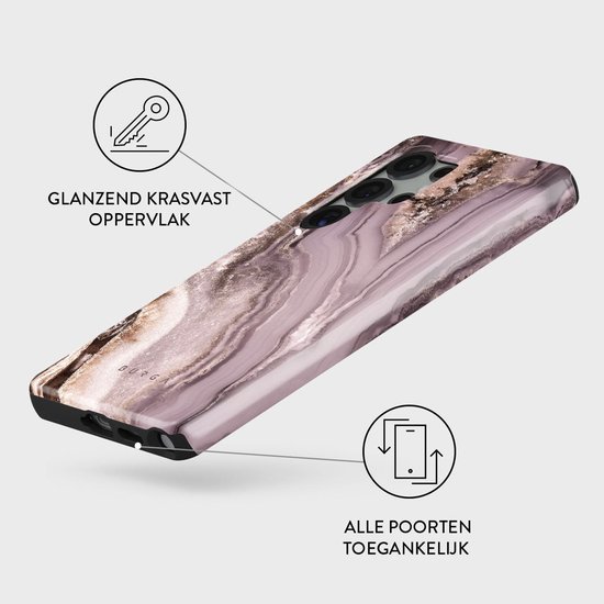 Een telefoonhoesje met paarse marmerprint met de tekst 'glanzend krasvast oppervlak' en 'alle poorten toegankelijk'.
