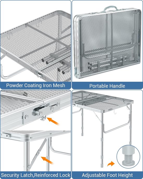 Grilltafel, outdoor, inklapbaar, 90 x 60 cm, campingtafel, inklapbaar, in 3 hoogtes verstelbaar, tuintafel, campingtafel, licht en draagbaar, kleine barbecuetafel voor picknick en camping — afbeelding 2